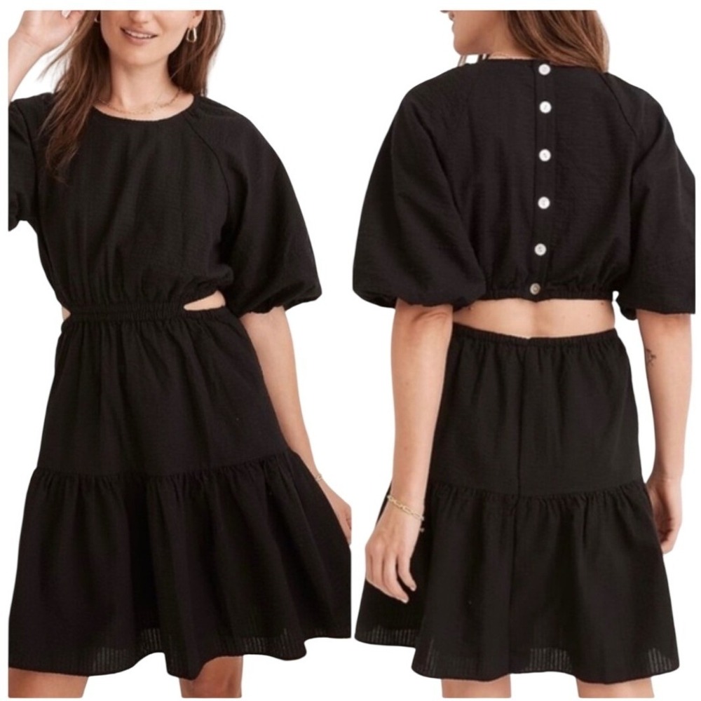 Madewell Seersucker Puff Sleeve Cutout Mini Dress Black Tiered Open Back Small